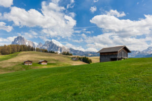Alpe di Siusi - Seiser Alm, Characteristic mountain barns with Sassolungo / Langkofel and the Sassopiatto / Plattkofel in the background, Dolomites, Kastelruth, South Tyrol, Italy Alpe di Siusi - Seiser Alm, Characteristic mountain barns with Sassolungo / Langkofel and the Sassopiatto / Plattkofel in the background, Dolomites, Kastelruth, South Tyrol, Italy